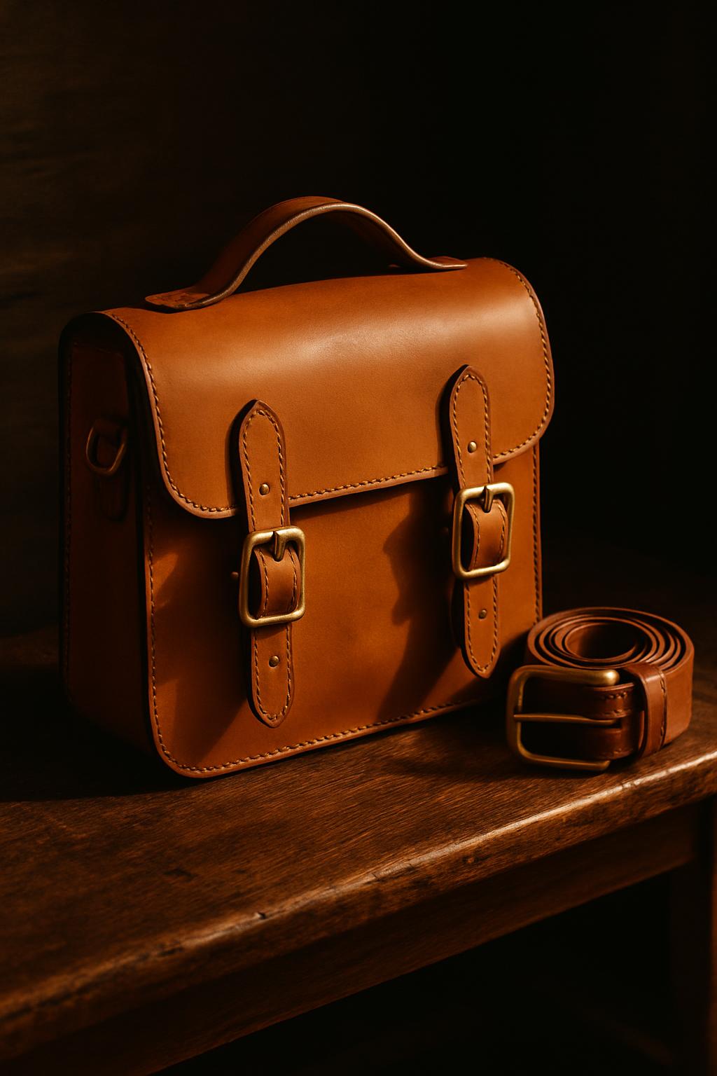 Vegetable-tanned leather satchel with brass buckles beside a coiled belt on a wooden bench